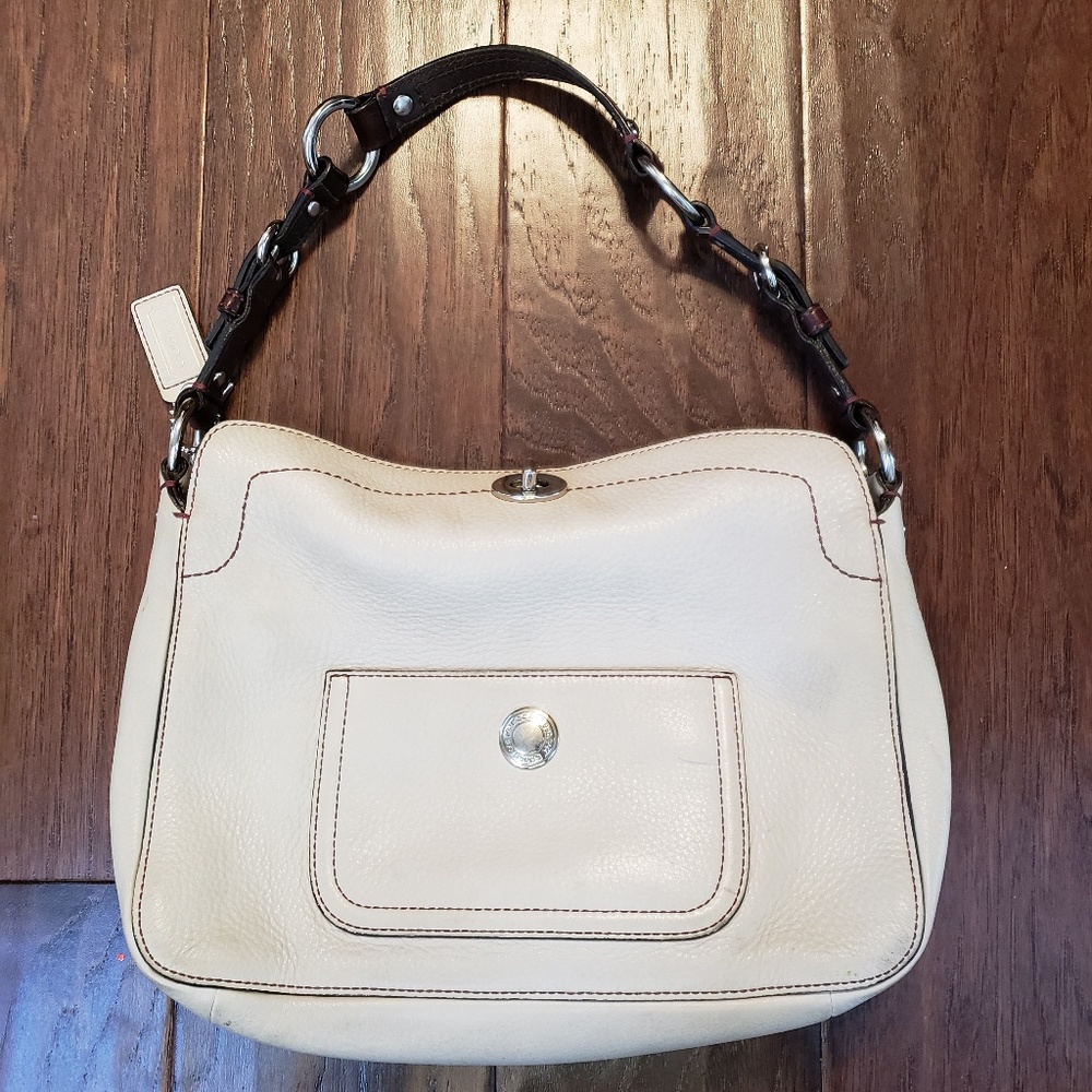 Coach Cream Leather Handbag with Purple Stitching